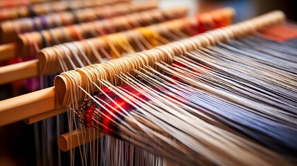 Close up view of the intricate network of heddles and threads on a loom showcasing the precision and craftsmanship of the textile making process