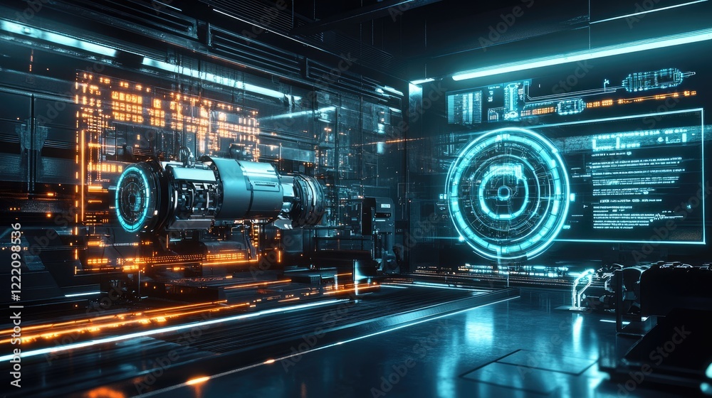 Aufkleber Advanced electric vehicle powertrain surrounded by interactive holographic data displays in a futuristic lab, showing real-time performance and diagnostic information
