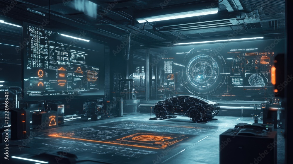 Aufkleber Advanced electric vehicle powertrain surrounded by interactive holographic data displays in a futuristic lab, showing real-time performance and diagnostic information