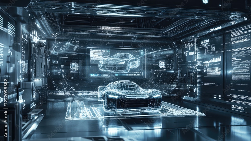 Poster Advanced electric vehicle powertrain surrounded by interactive holographic data displays in a futuristic lab, showing real-time performance and diagnostic information