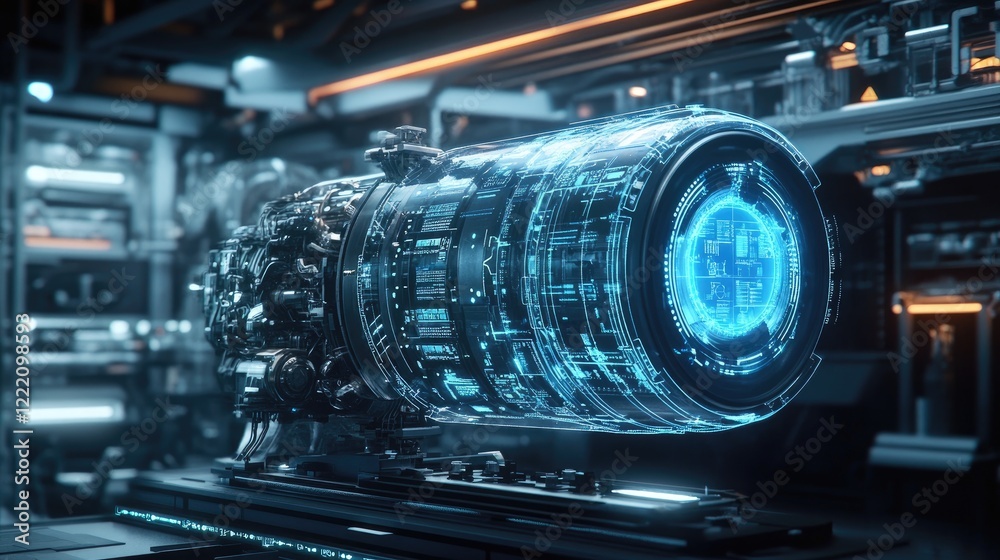 Aufkleber Advanced electric vehicle powertrain surrounded by interactive holographic data displays in a futuristic lab, showing real-time performance and diagnostic information