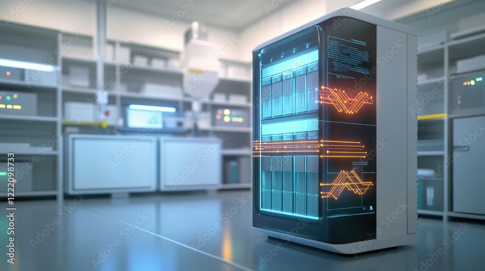 Poster Advanced energy storage system presented on a digital display in a lab, with a 3D hologram highlighting its efficiency and modern scientific progress