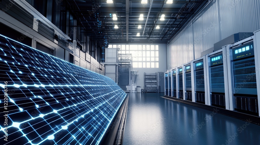 Poster advanced energy storage system in a renewable energy facility, with holographic solar panels and dig