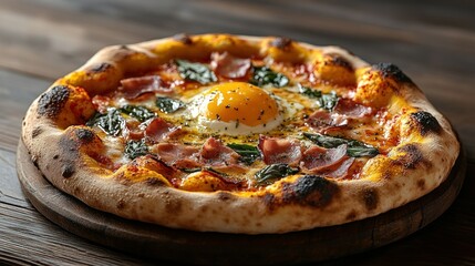 Delicious Gourmet Pizza with Fried Egg, Ham, and Spinach