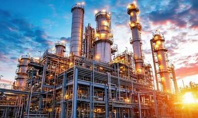 Oil refinery plant at sunset, industrial landscape