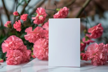 Blank Vertical White Card Surrounded by Pink Carnation Flowers