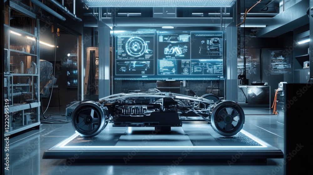 Poster An electric vehicle powertrain displayed in a futuristic lab, surrounded by holographic elements showing real-time performance, diagnostics, and key system data