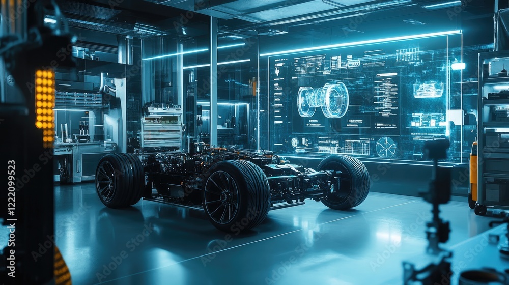 Aufkleber an electric vehicle powertrain displayed in a futuristic lab, surrounded by holographic elements sho