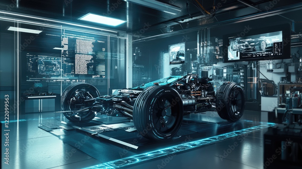 Aufkleber an electric vehicle powertrain displayed in a futuristic lab, surrounded by holographic elements sho