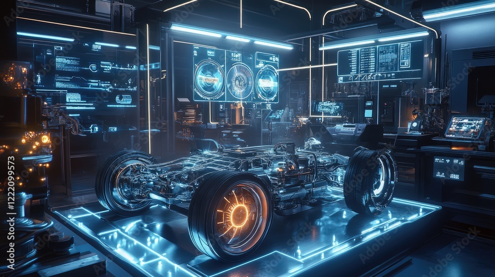 Poster An electric vehicle powertrain displayed in a futuristic lab, surrounded by holographic elements showing real-time performance, diagnostics, and system details