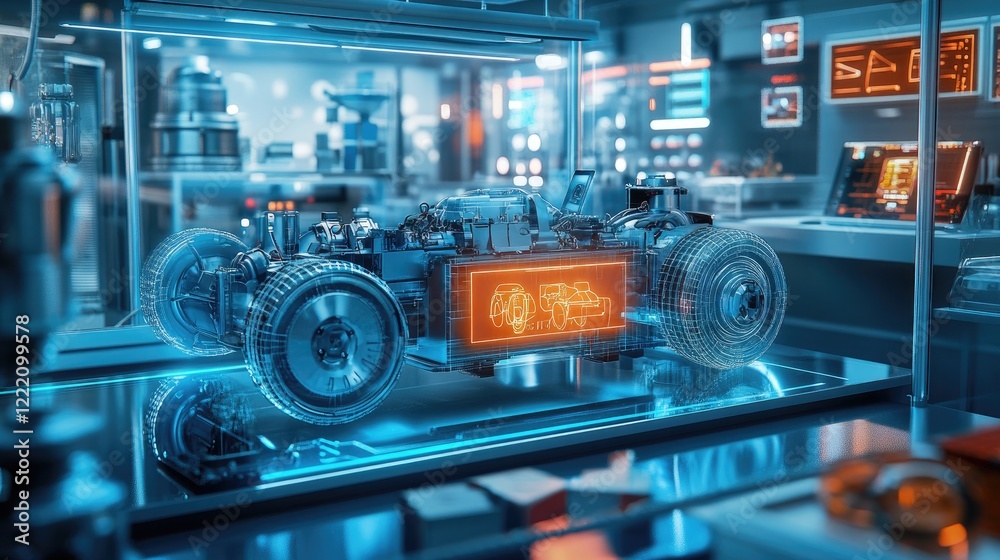 Poster An electric vehicle powertrain displayed in a futuristic lab, surrounded by holographic elements showing real-time performance, diagnostics, and system details