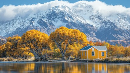 Fototapeta premium Serene Autumnal Cabin by Mountain Lake