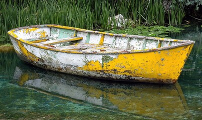 Old weathered rowboat moored in calm green water by reeds, ideal for rustic or tranquil scenes