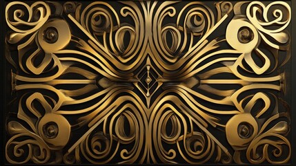 An elegant Art Deco design in gold featuring geometric symmetry and swirling patterns, evoking a vintage, sophisticated ambiance with intricate details