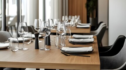 Elegant and sophisticated private dining room in an upscale restaurant showcasing a minimalist and modern decor with sleek wooden table tableware and glassware for a high end culinary experience