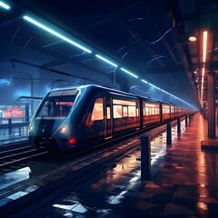 Fototapeta premium Futuristic and Illuminated Electric Train Station at Night with Glowing Lights Modern Architecture and Sleek Transportation Technology
