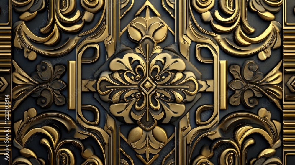 Poster art deco gold pattern with geometric shapes and graceful swirls, creating a refined and vintage ambi