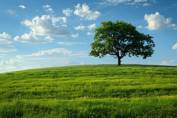 Fototapeta premium A lone tree sitting on top of a lush green hillside