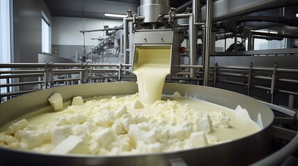 The cheese production process in a modern dairy plant with various equipment and machinery used to convert milk into cheese products for commercial distribution and sale