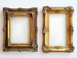 Baroque Style Set of Three Gold Frames with Elaborate Floral Carvings on Black Background, Ornate Rectangular Vintage Frames for Classic Art Display