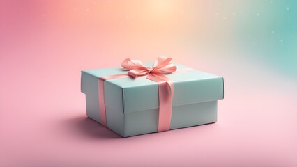 Fototapeta premium A pastel-green gift box with a pink ribbon sits on a pink background, perfect for a celebratory design.
