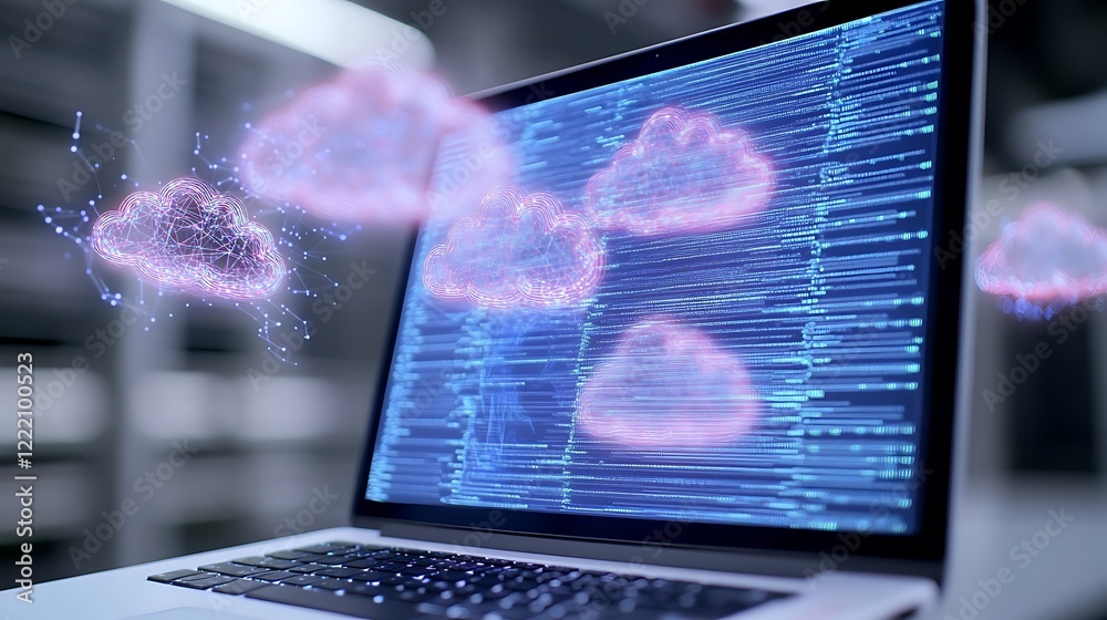 Poster laptop displaying cloud technology with data and digital icons for modern computing