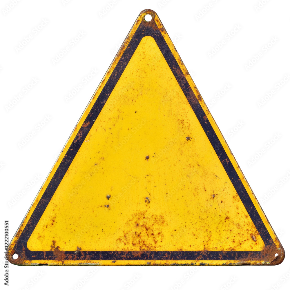 Poster An old rusty yellow triangular warning sign with a dark border shows significant weathering and age.
