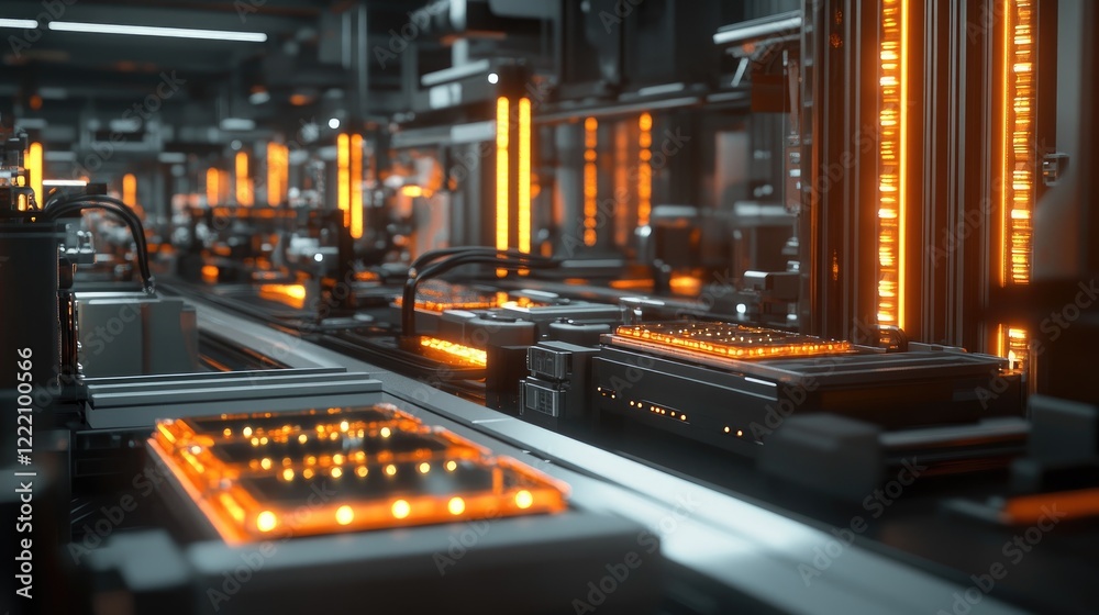 Aufkleber battery cell housing system being assembled by robotic arms in a futuristic manufacturing facility, 