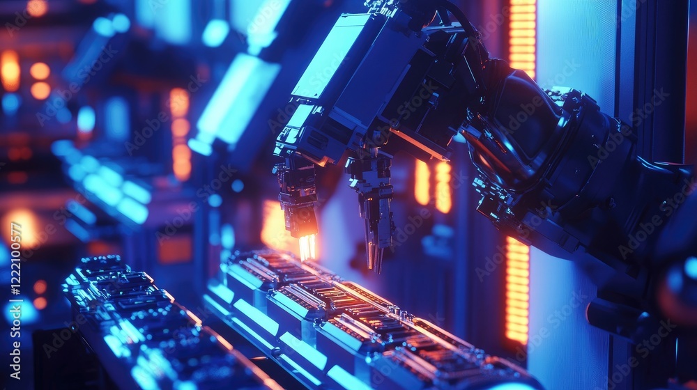Poster battery cell housing system being assembled by robotic arms in a futuristic manufacturing facility, 