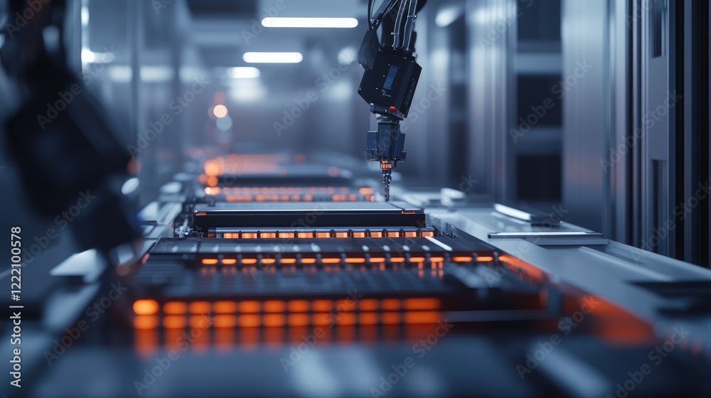 Poster battery cell housing system being assembled by robotic arms in a futuristic manufacturing facility, 