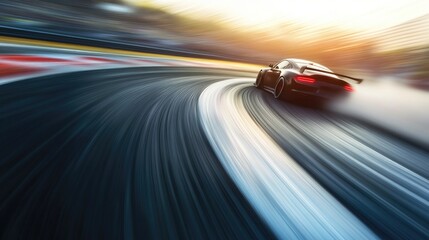 Blurred image of a car drifting on a race track, with tire smoke filling the air, conveying the power and thrill of motorsport racing at high speeds