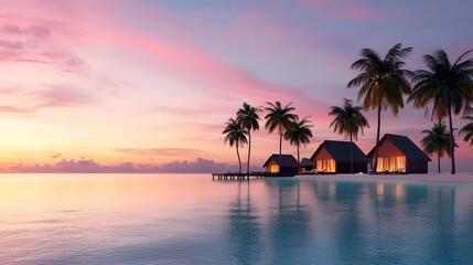 Exclusive overwater villas nestled on a picturesque tropical island offering a serene and luxurious escape with breathtaking sunset views over the calm reflective ocean waters