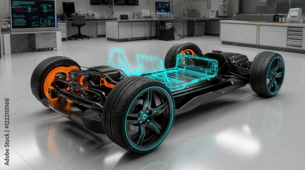Poster Chassis of an electric vehicle displayed in a high-tech lab, with a dynamic digital hologram showcasing stress analysis and real-time performance data for engineering precision