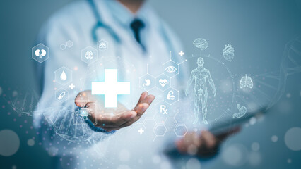 Medical technology, doctor use technology AI for diagnosis, care, and increasing accuracy patient...
