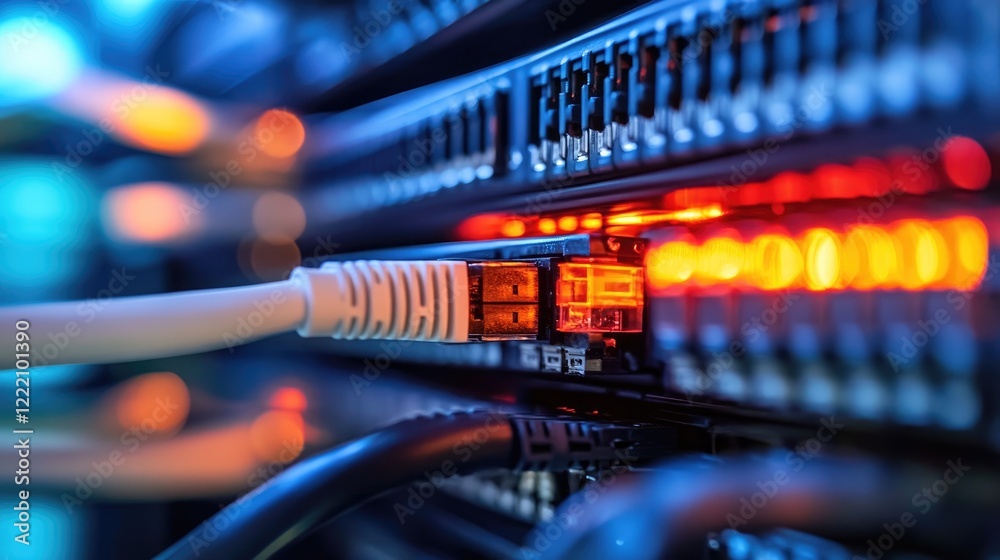 Poster close-up of fiber optic cables transmitting data at high speed, demonstrating the technology behind 