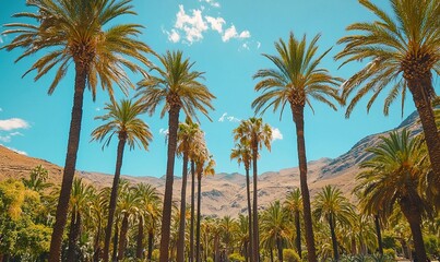 Naklejka premium Palm trees, mountains, blue sky, desert oasis, travel destination