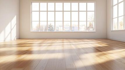 Obraz premium Minimalist home concept. Bright and spacious interior with large windows and wooden floor, perfect for modern design.