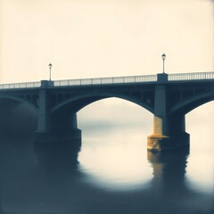 Fototapeta premium Bridge shrouded in fog reflecting on still waters at dawn, creating a mysterious ambiance