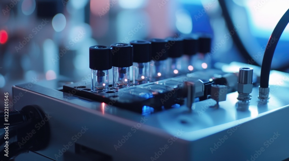 Poster close-up of fiber optic connectors connected to a control box in a pristine, technical environment, 