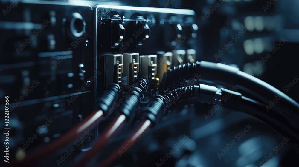 Poster Close-up of fiber optic connectors connected to a control box in a pristine, technical environment, representing the high standards of electronics and communications