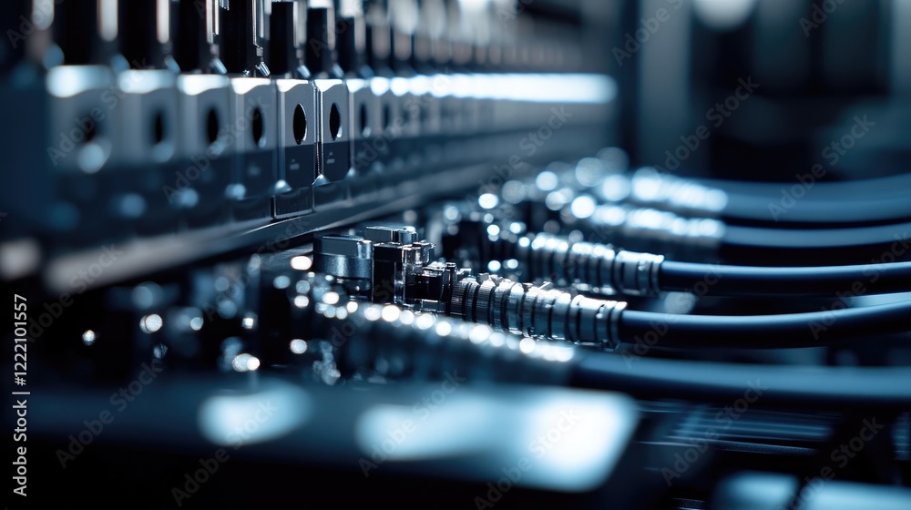 Aufkleber close-up of fiber optic connectors connected to a control box in a pristine, technical environment, 