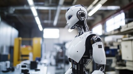 A complete view of a humanoid robot in an advanced industrial setting, featuring articulated limbs and a modern design, Industrial style