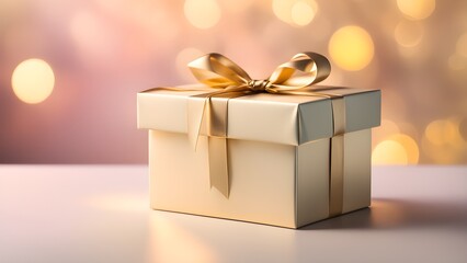Elegant gold gift box with golden ribbon against a bokeh background.