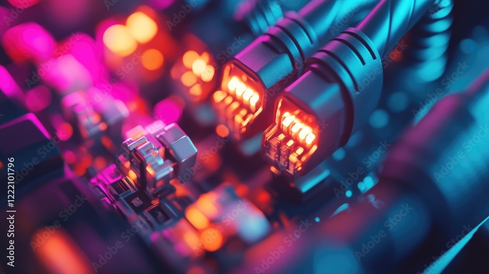 Poster Close-up of neatly organized fiber optic MTP (MPO) pigtail and patchcord connectors, representing cutting-edge networking solutions in a tech workspace