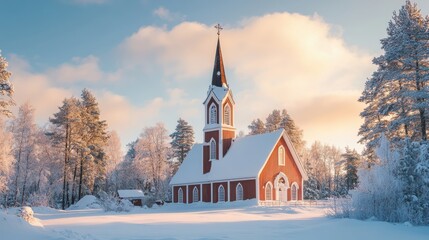 Charming Red Church Surrounded by Snowy Winter Landscape