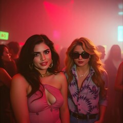 Two women posing confidently in a vibrant nightclub during the evening hours with colorful lights and a lively atmosphere