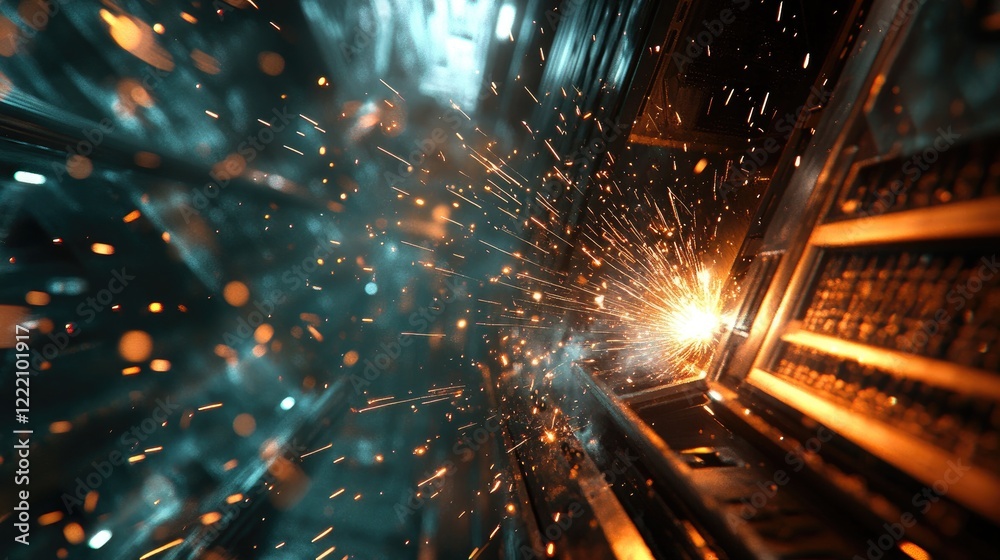Poster close-up of welding sparks in an industrial setting, blending with abstract machinery and steel, cre