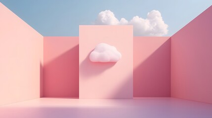Futuristic 3D of a minimalist workspace with cloud technology enabling digital transformation and innovation  The abstract geometric shapes in blue and pink colors create a modern