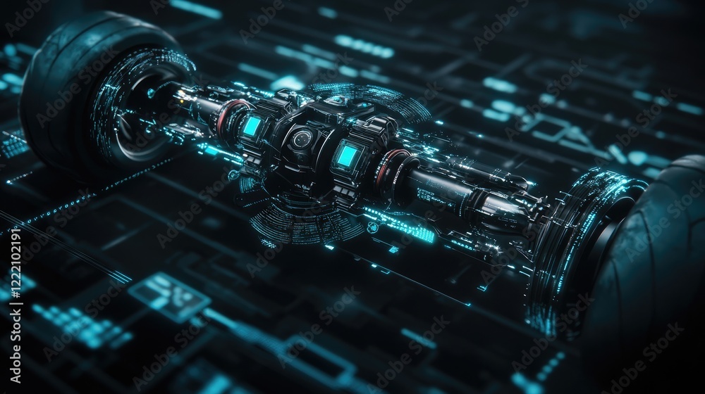 Poster conceptual design of an electric sport car suspension system, displayed with digital elements and a 