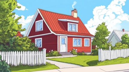 Charming Red House with White Fence Surrounded by Lush Greenery